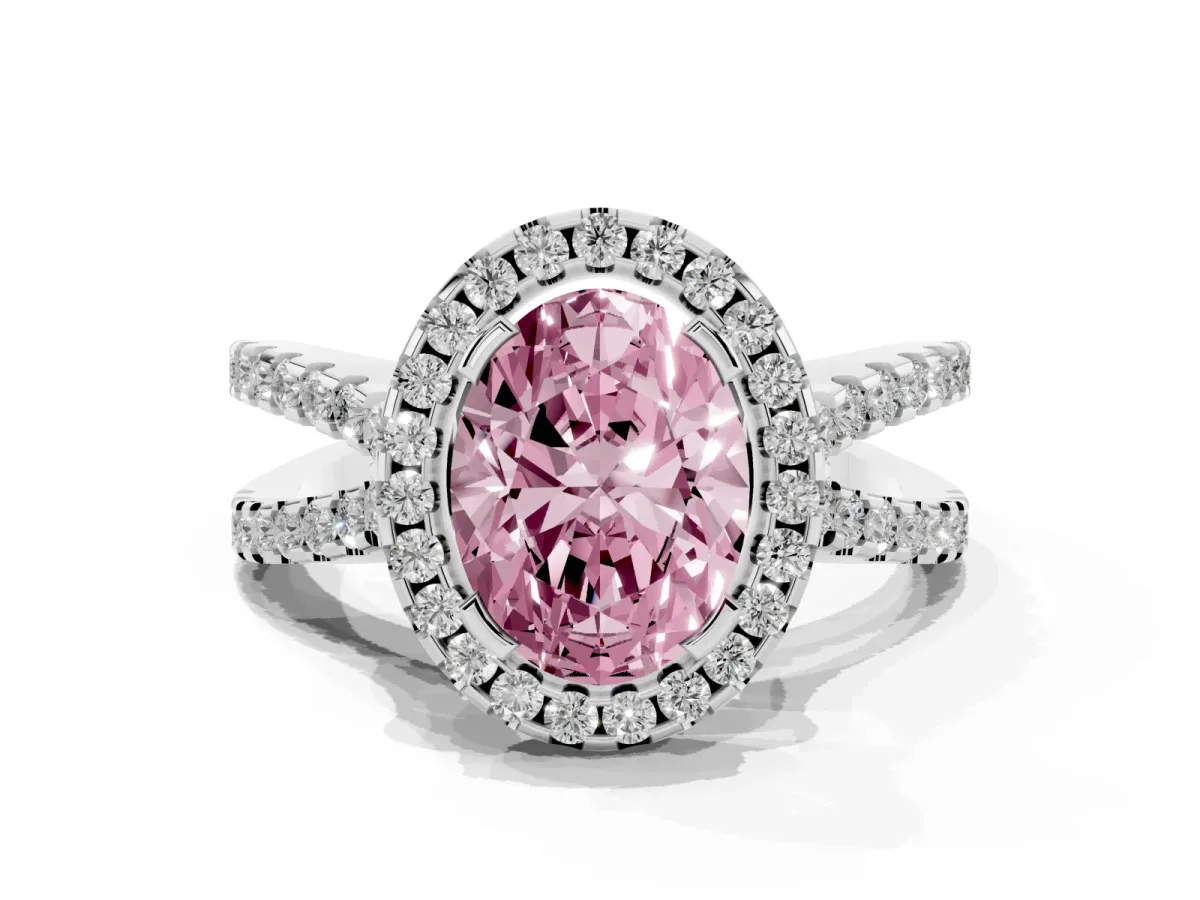 Fancy Pink Oval Cut Diamond Halo Ring with Split Shank Pavé Band and Prong Setting Silver