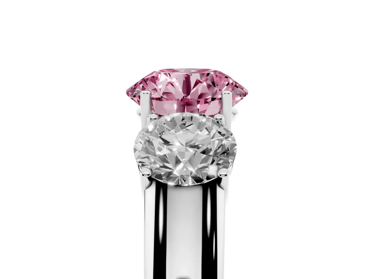 Fancy Pink Three-Stone Round Cut Cut Diamond Ring with Prong Setting and Classic Band Platinum