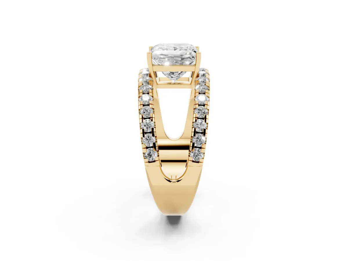 Princess Cut Solitaire Split Shank Pave Diamond Ring Yellow gold