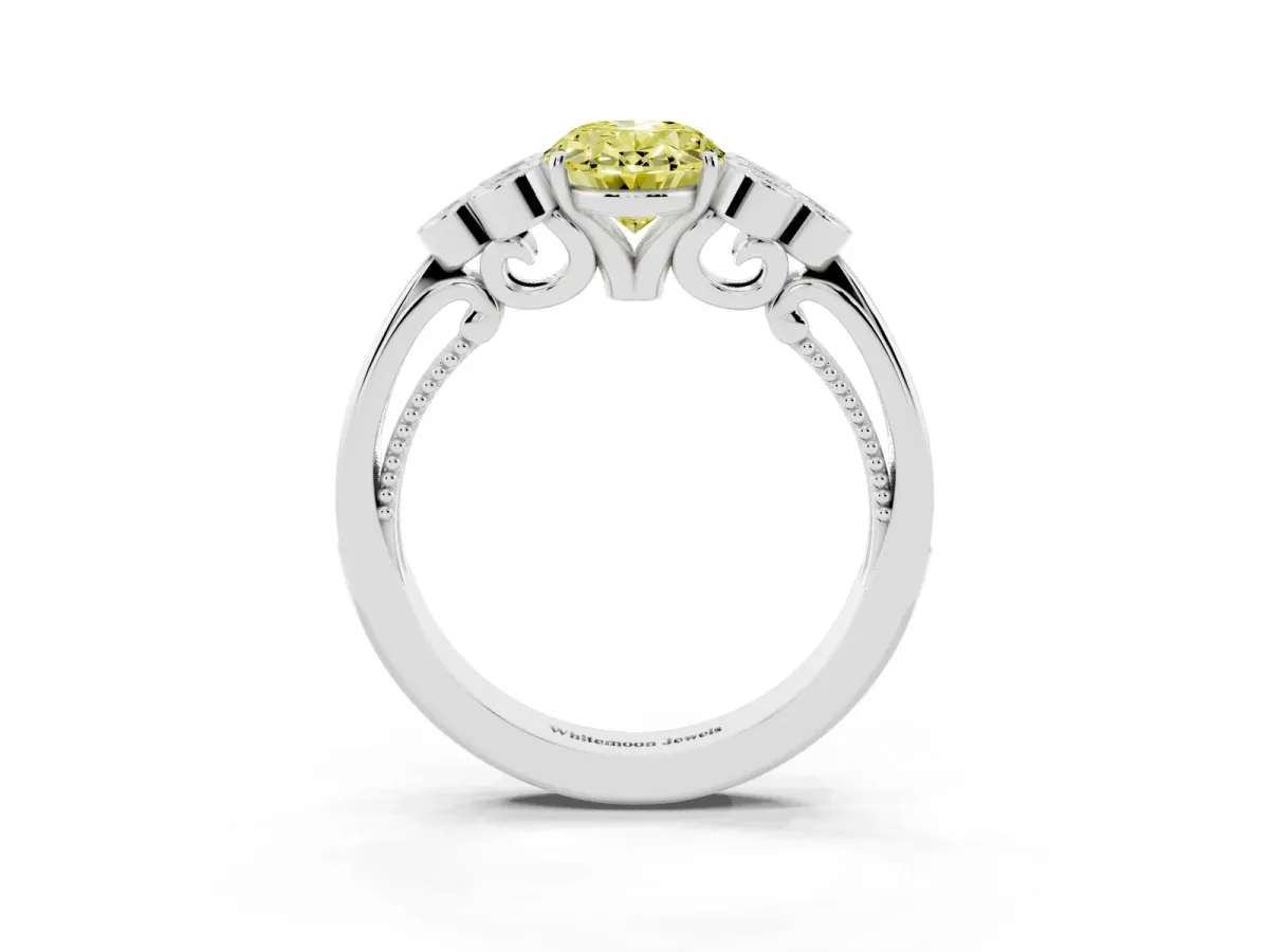 Fancy Yellow Oval Cut Cut Diamond Engagement Ring with Bezel Set Round Side Stones and Prong Setting Silver