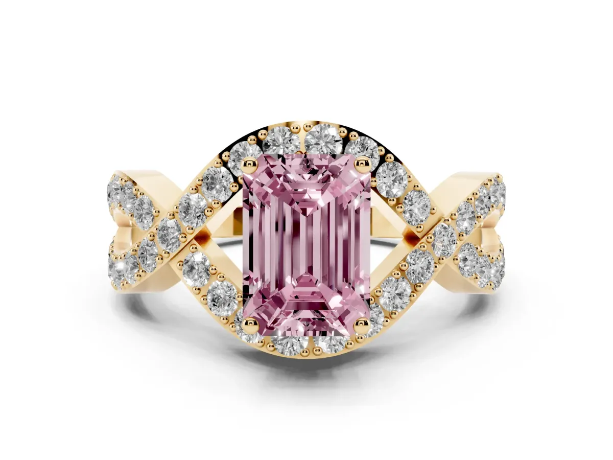 Fancy Pink Emerald Cut Solitaire Twist Band Pavé Diamond Engagement Ring Yellow gold