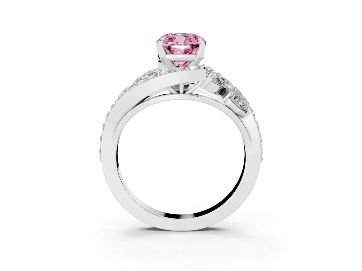 Fancy Pink Cushion Cut Diamond Halo Ring with Marquise and Pavé Band in Prong Setting Platinum