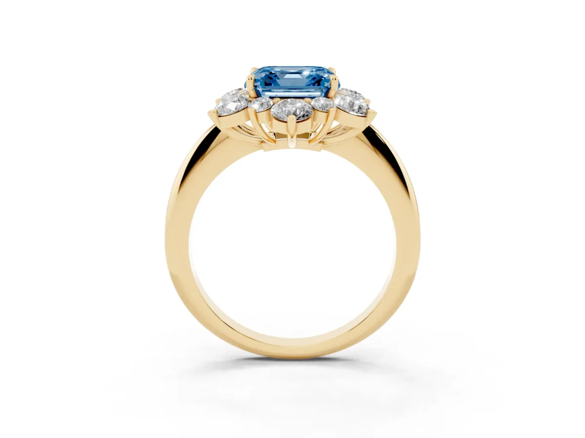 Fancy Blue Asscher Cut Diamond Cluster Halo Ring with Solitaire Band and Four-Prong Setting Yellow gold