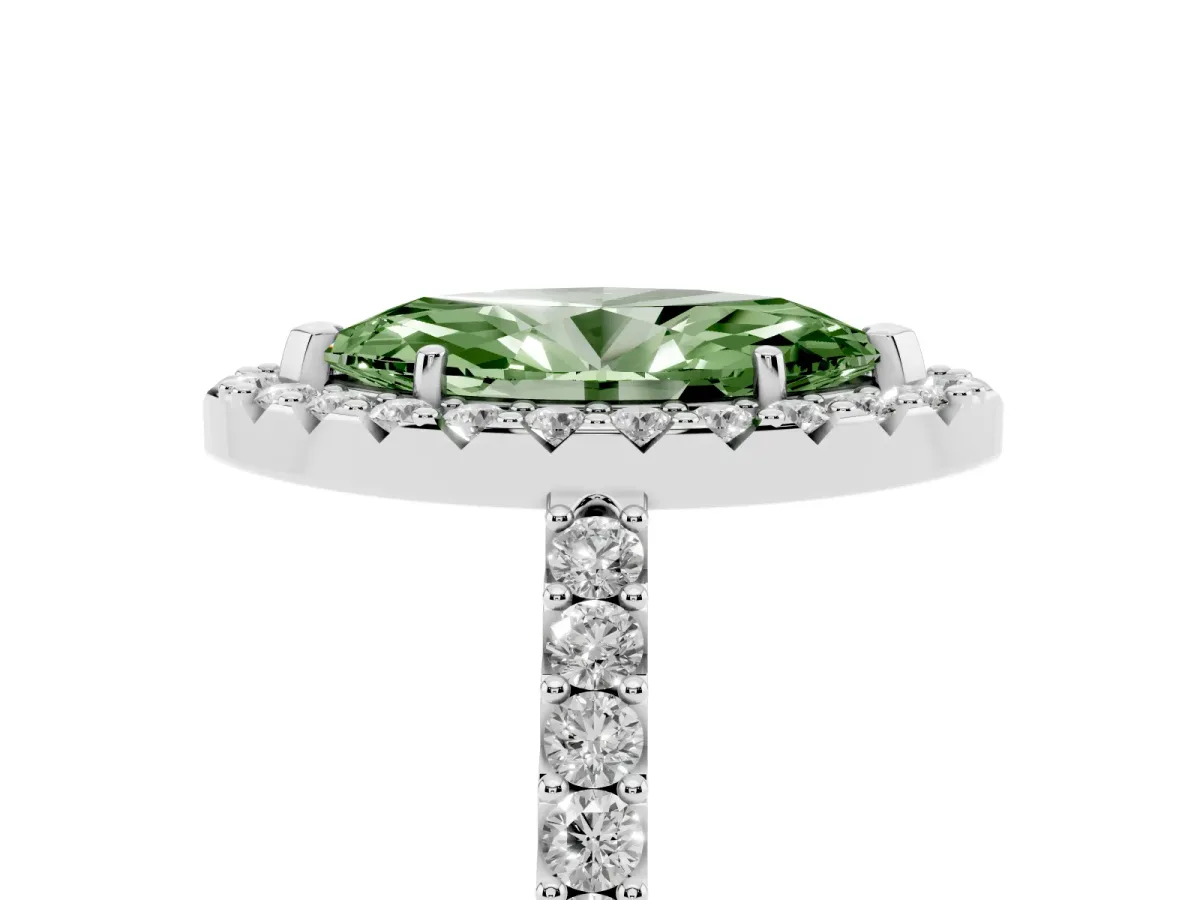 Fancy Green Marquise Cut Halo Diamond Pavé Solitaire Ring Silver
