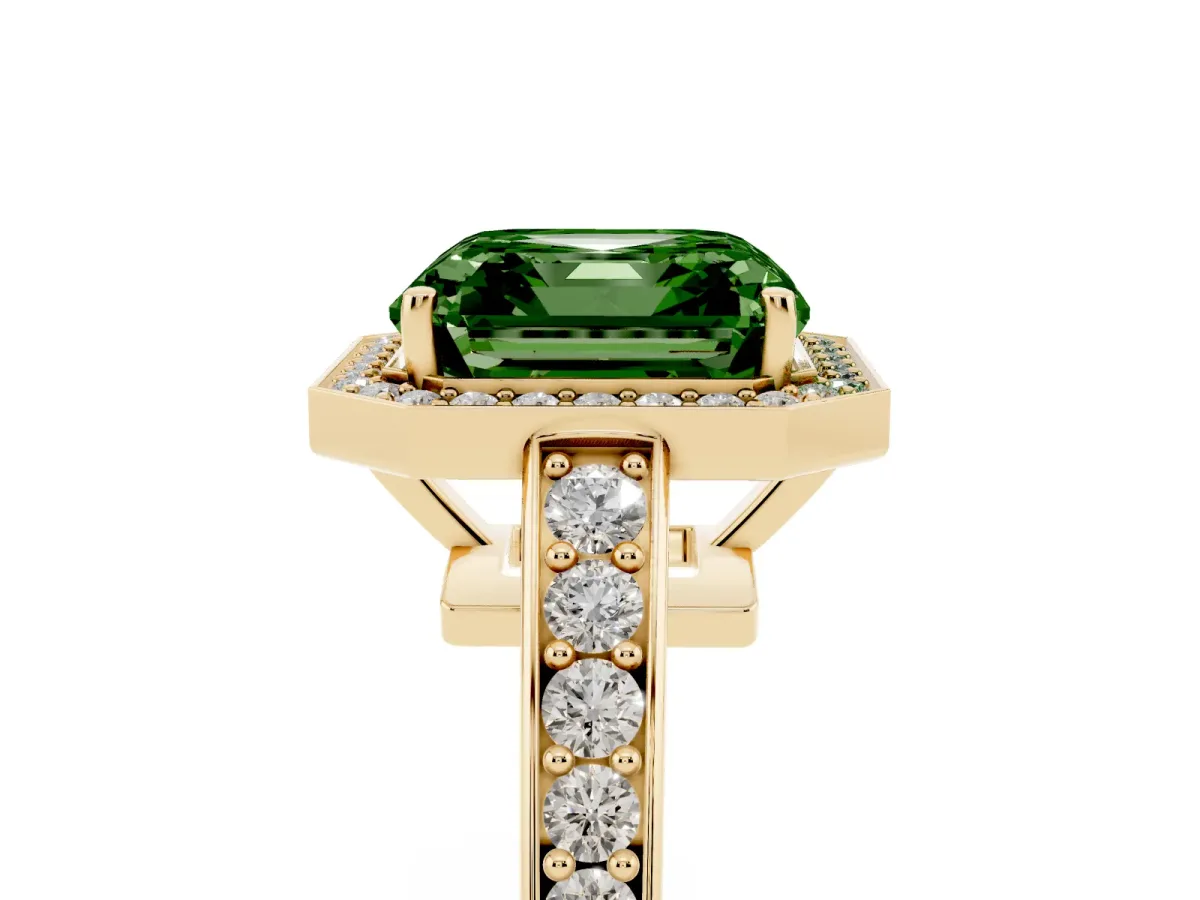 Fancy Green Asscher Cut Halo Pavé Diamond Engagement Ring with Bezel Setting Yellow gold