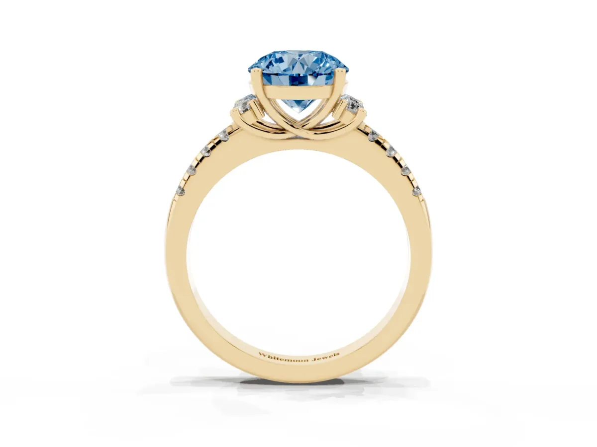 Fancy Blue Round Cut Diamond Three-Stone Pave Band with Four-Prong Setting Yellow gold