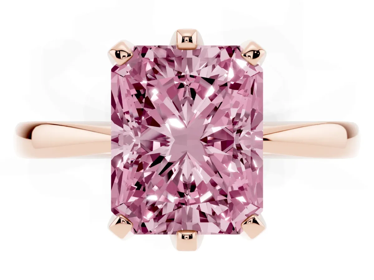Fancy Pink Radiant Cut Solitaire Engagement Ring with Six-Prong Setting and Tapered Band Rose gold