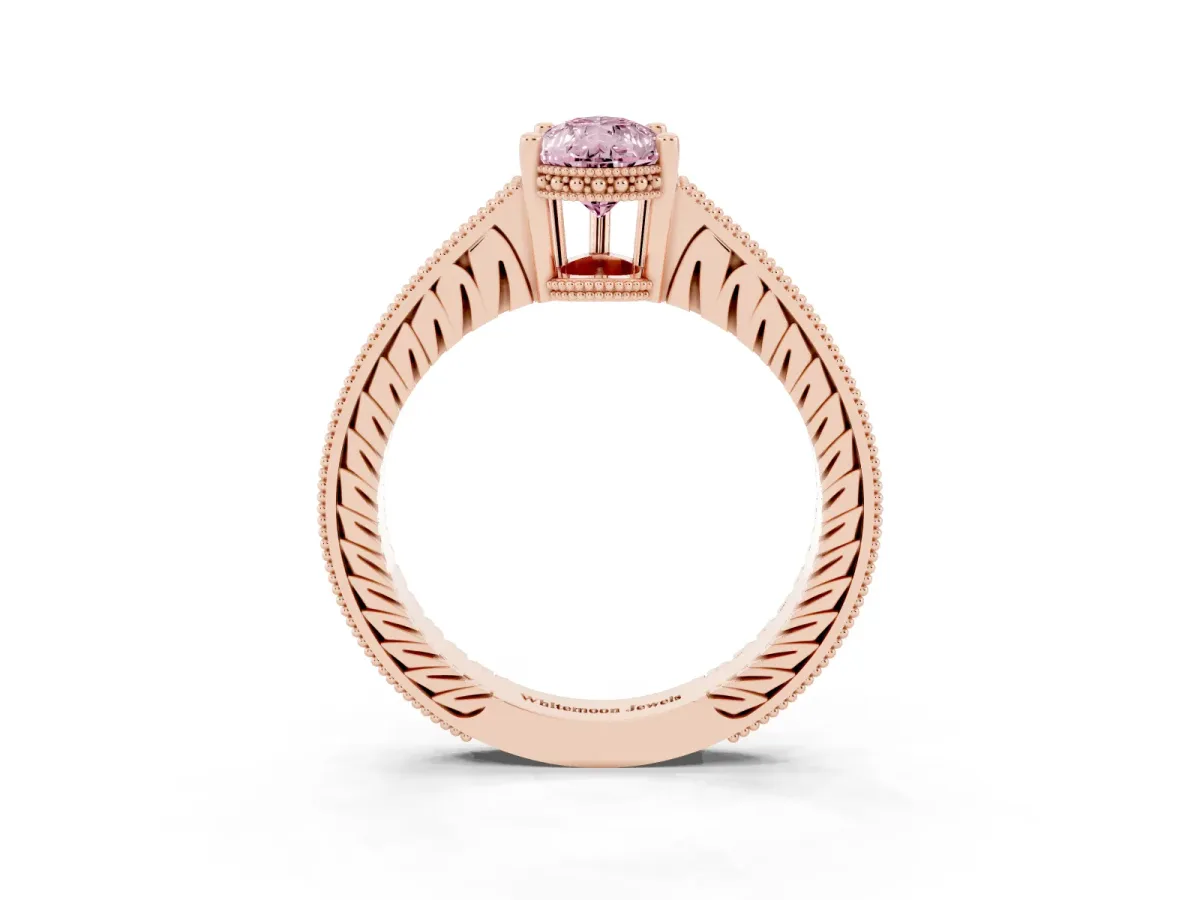 Fancy Pink Pear Cut Solitaire Pavé Diamond Milgrain Engagement Ring with Four-Prong Setting Rose gold