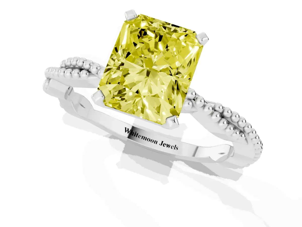 Fancy Yellow Radiant Cut Solitaire Twisted Band with Bead Prong Setting Silver