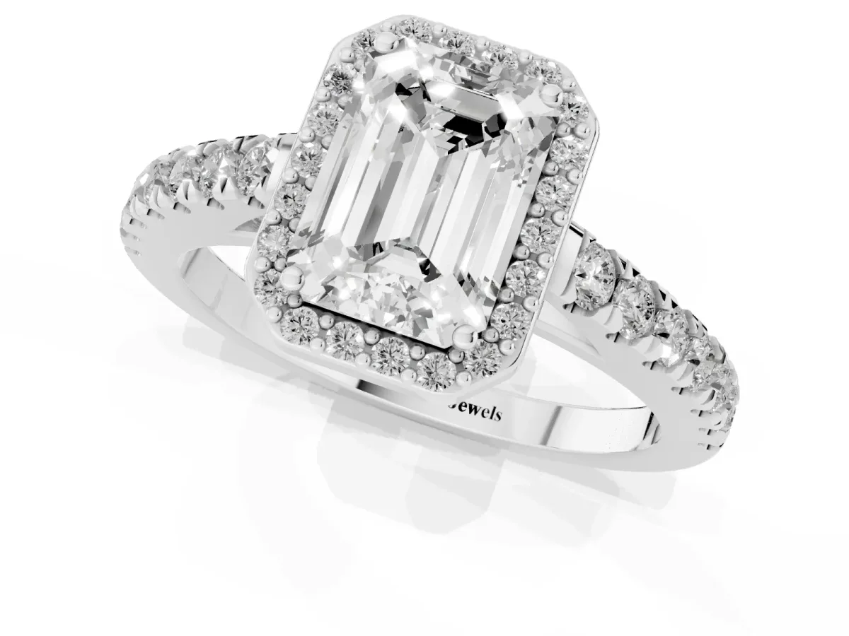 Emerald Cut Cut Halo Diamond Engagement Ring with Pave Band and Four-Prong Setting White gold