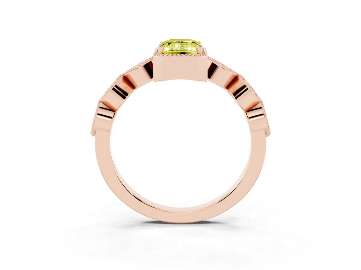 Fancy Yellow Emerald Cut Diamond Vintage Milgrain Ring with Round Stations Rose gold