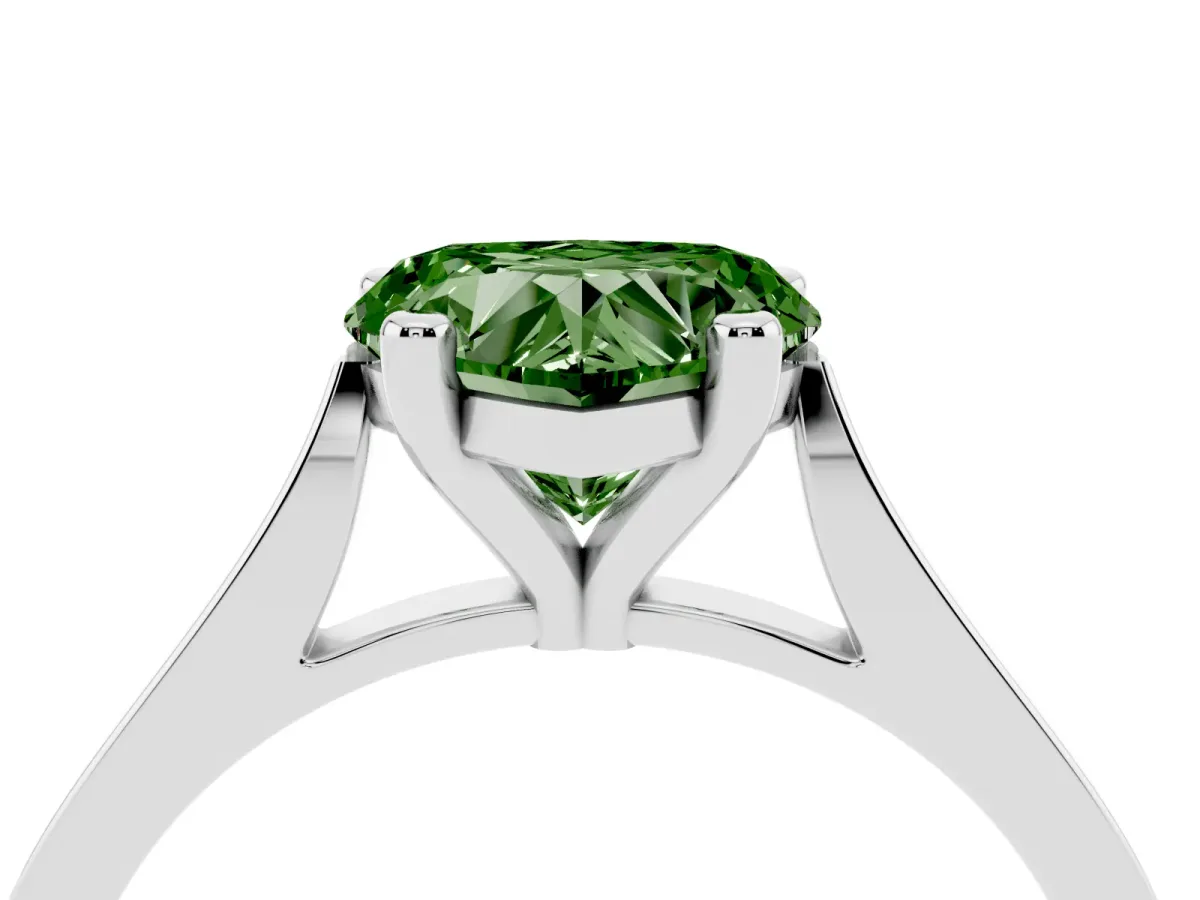 Fancy Green Heart Cut Solitaire Diamond Ring with Four-Prong Setting and Tapered Band Platinum