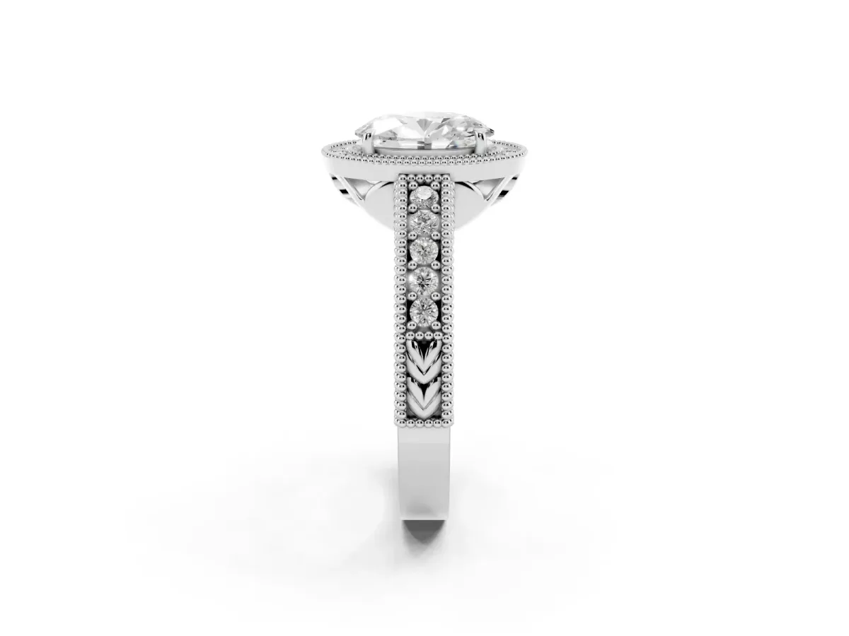 Oval Cut Cut Halo Diamond Ring with Pavé Band and Four-Prong Setting Platinum