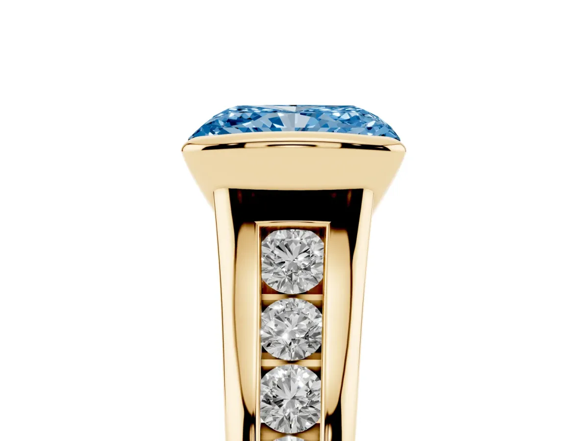 Fancy Blue Radiant Cut Solitaire Bezel-Set Diamond Ring with Channel-Set Band Yellow gold