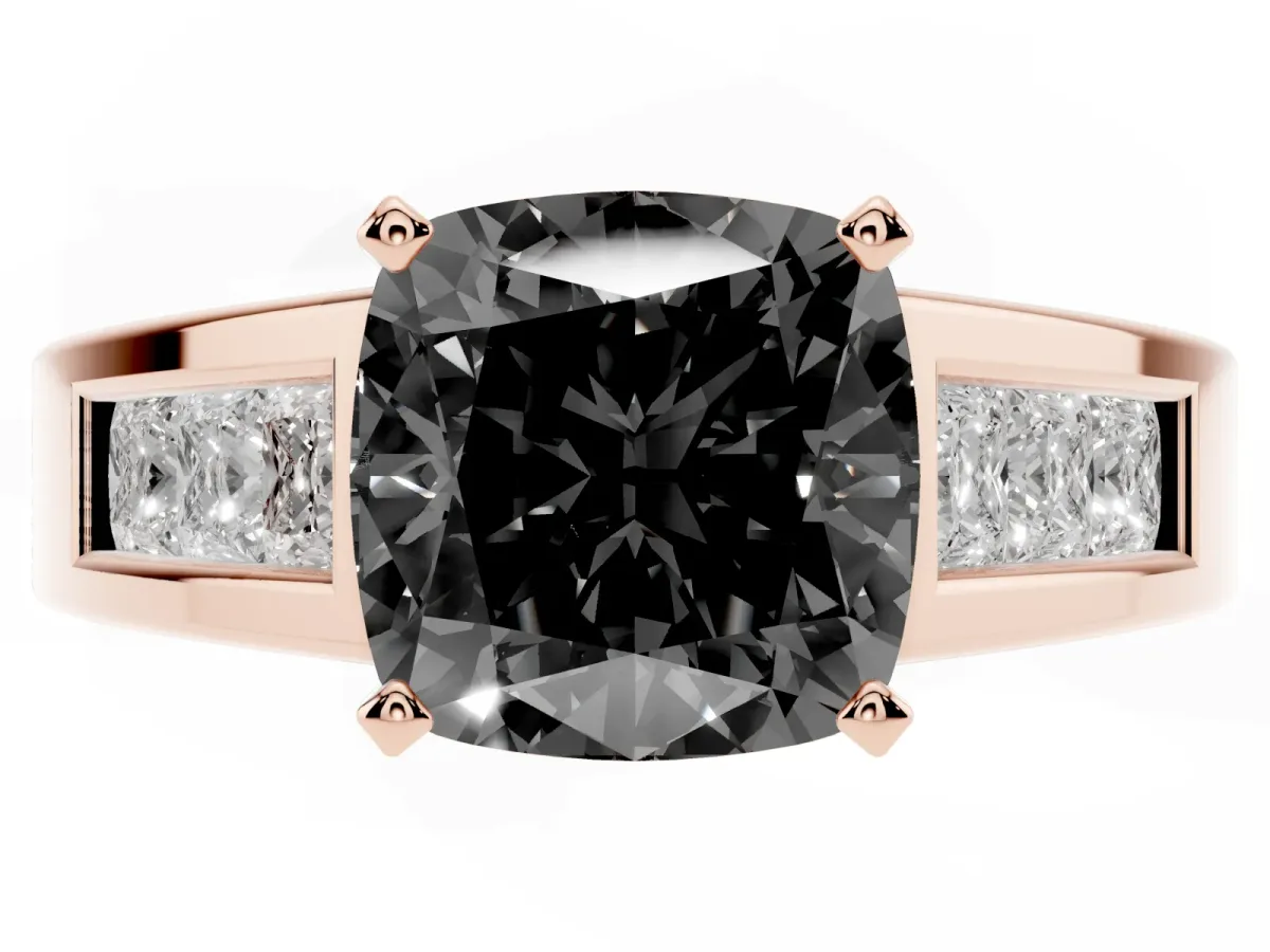 Fancy Black Cushion Cut Cut Channel Set Solitaire Ring with Four-Prong Setting Rose gold