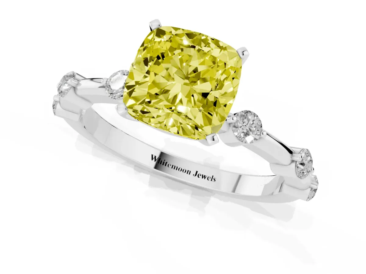 Fancy Yellow Cushion Cut Solitaire Diamond Ring with Bezel Set Side Stones and Prong Setting Silver
