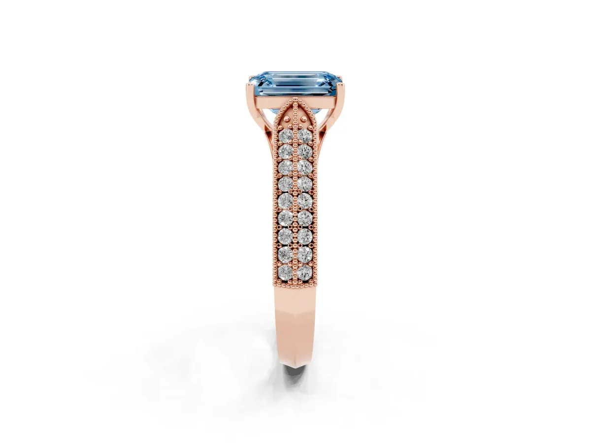 Fancy Blue Emerald Cut Cut Pave Split Shank Engagement Ring with Four-Prong Setting Rose gold