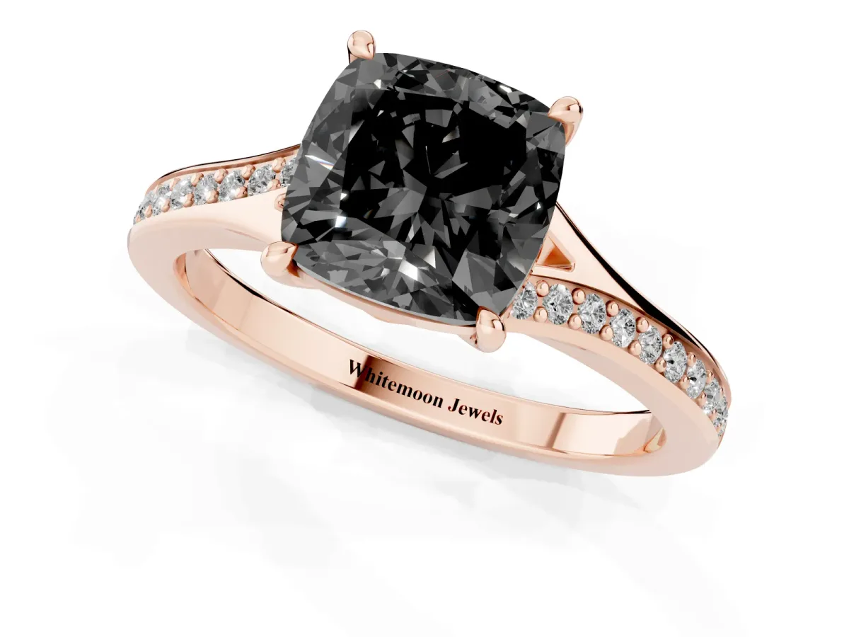 Fancy Black Cushion Cut Diamond Solitaire Ring with Pavé Band and Prong Setting Rose gold