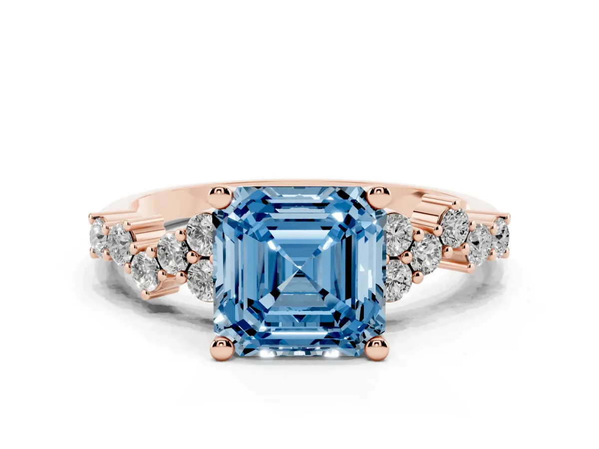 Fancy Blue Asscher Cut Diamond Scattered Round Accent Ring with Prong Setting Rose gold