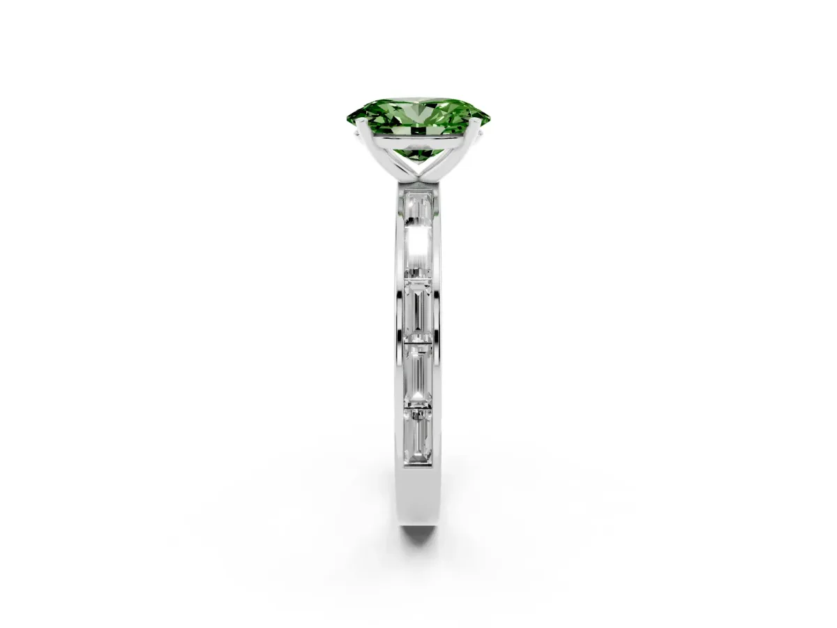 Fancy Green Oval Cut Solitaire Diamond Ring with Channel-Set Baguette Band and Four-Prong Setting White gold