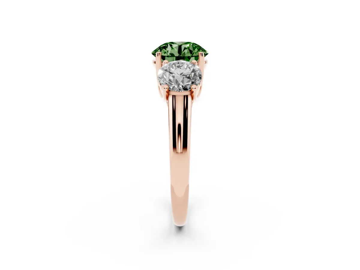 Fancy Green Three-Stone Round Cut Diamond Engagement Ring with Prong Setting Rose gold