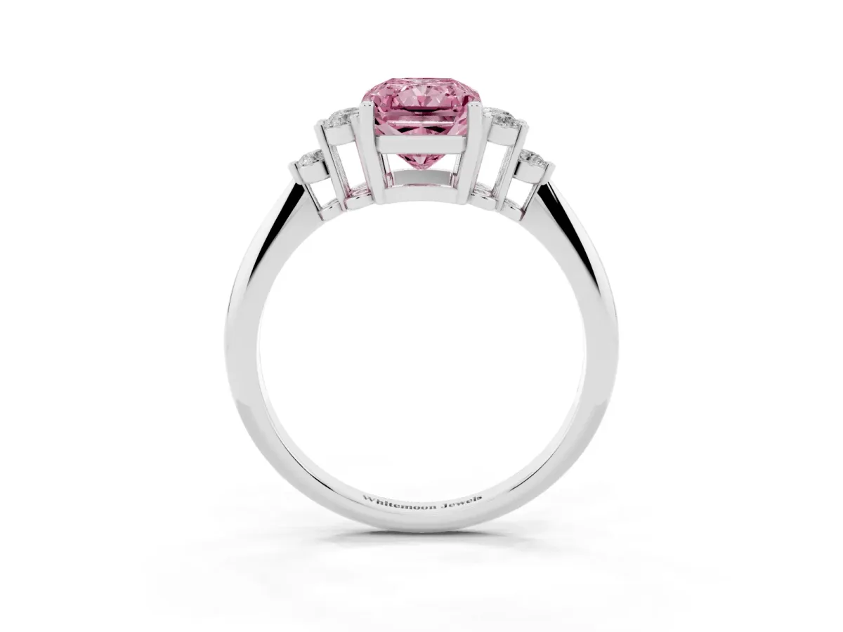 Fancy Pink Radiant Cut Cut Diamond Cluster Ring with Solitaire Band and Four-Prong Setting Silver