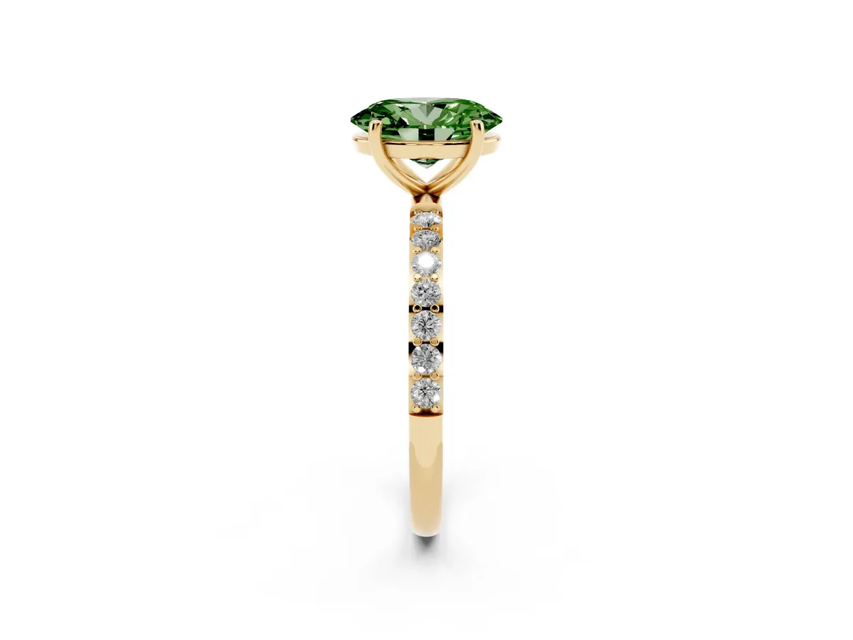 Fancy Green Oval Cut Diamond Solitaire Ring with Round Pavé Shoulders and Prong Setting Yellow gold