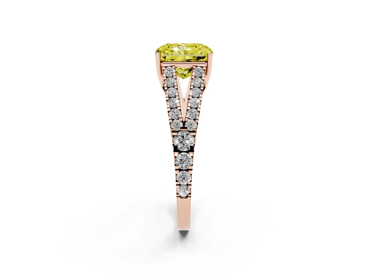 Fancy Yellow Radiant Cut Diamond Split Shank Pavé Engagement Ring with Four-Prong Setting Rose gold