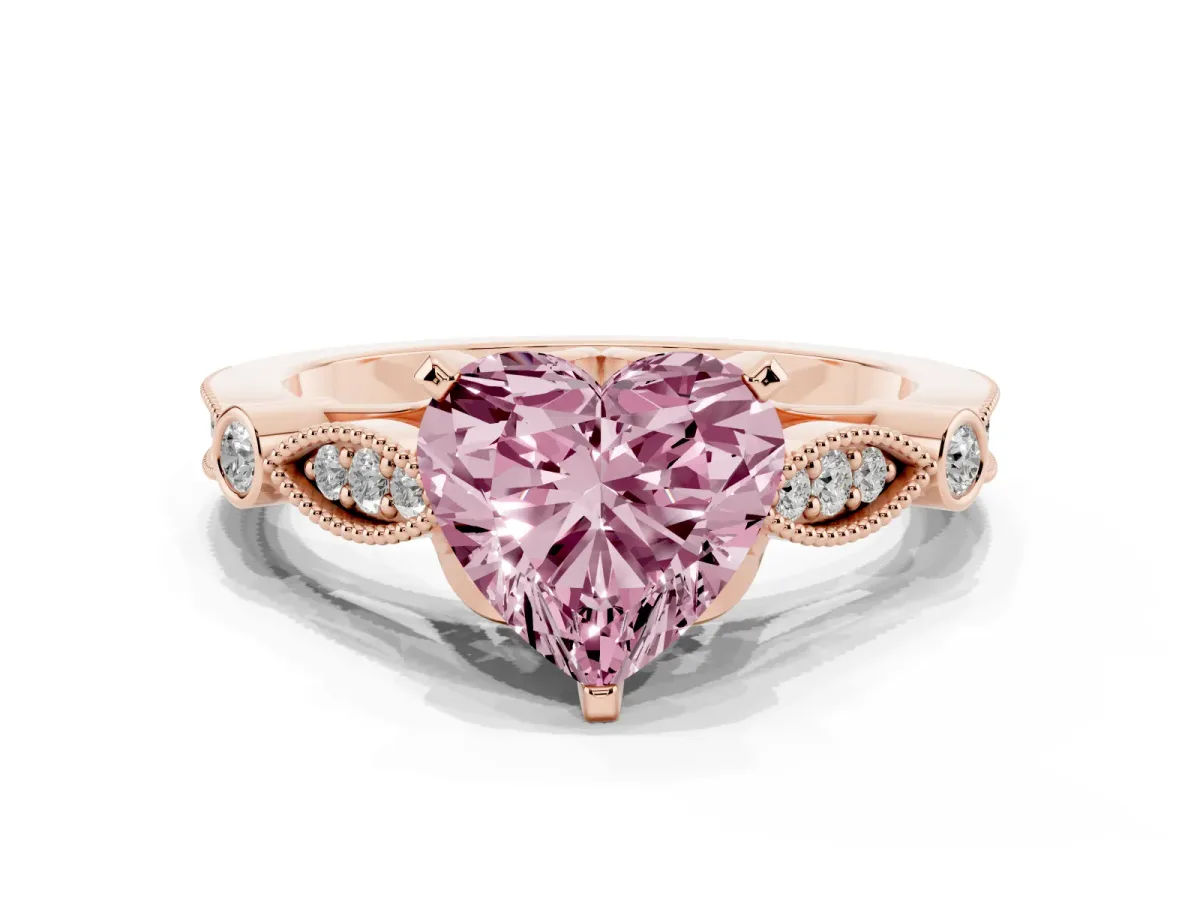 Fancy Pink Heart Cut Cut Diamond with Milgrain Marquise and Bezel Accents on a Solitaire Band with Prong Setting Rose gold