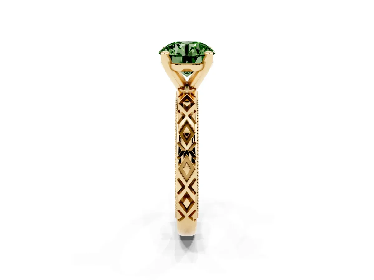 Fancy Green Round Cut Solitaire Diamond Ring with Milgrain and Black Enamel X Pattern Band Yellow gold