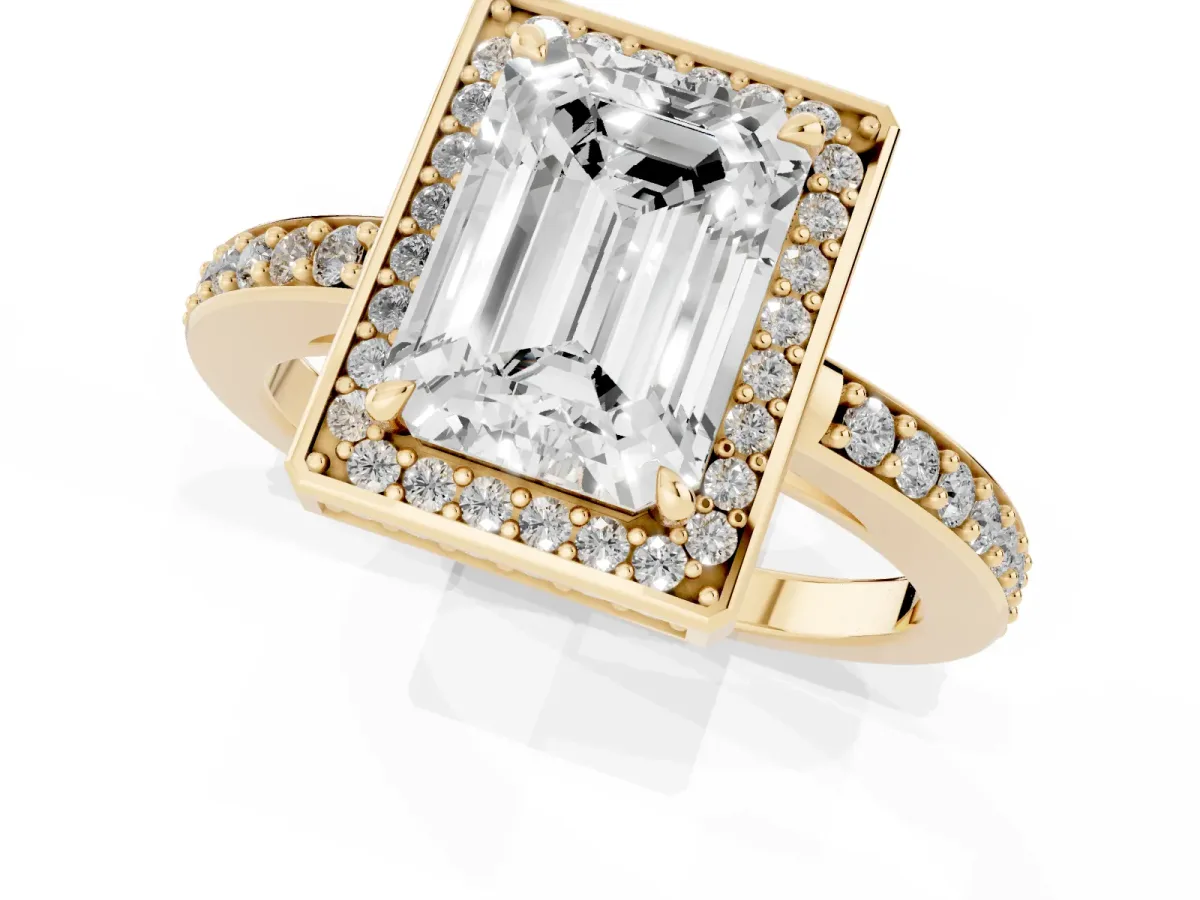 Emerald Cut Halo Pave Band Solitaire Ring with Prong Setting Yellow gold