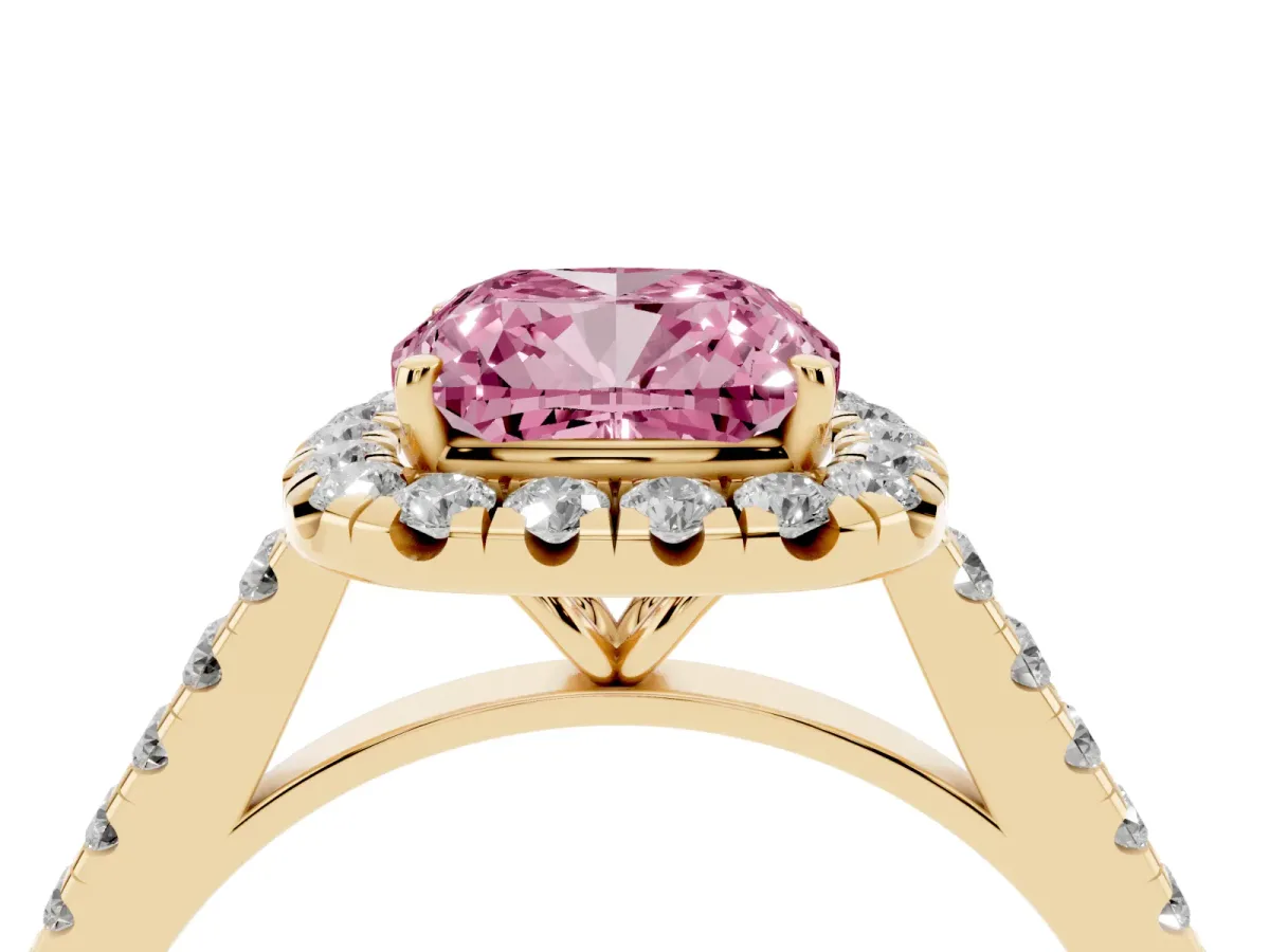 Fancy Pink Cushion Cut Halo Pave Diamond Engagement Ring with Four-Prong Setting Yellow gold