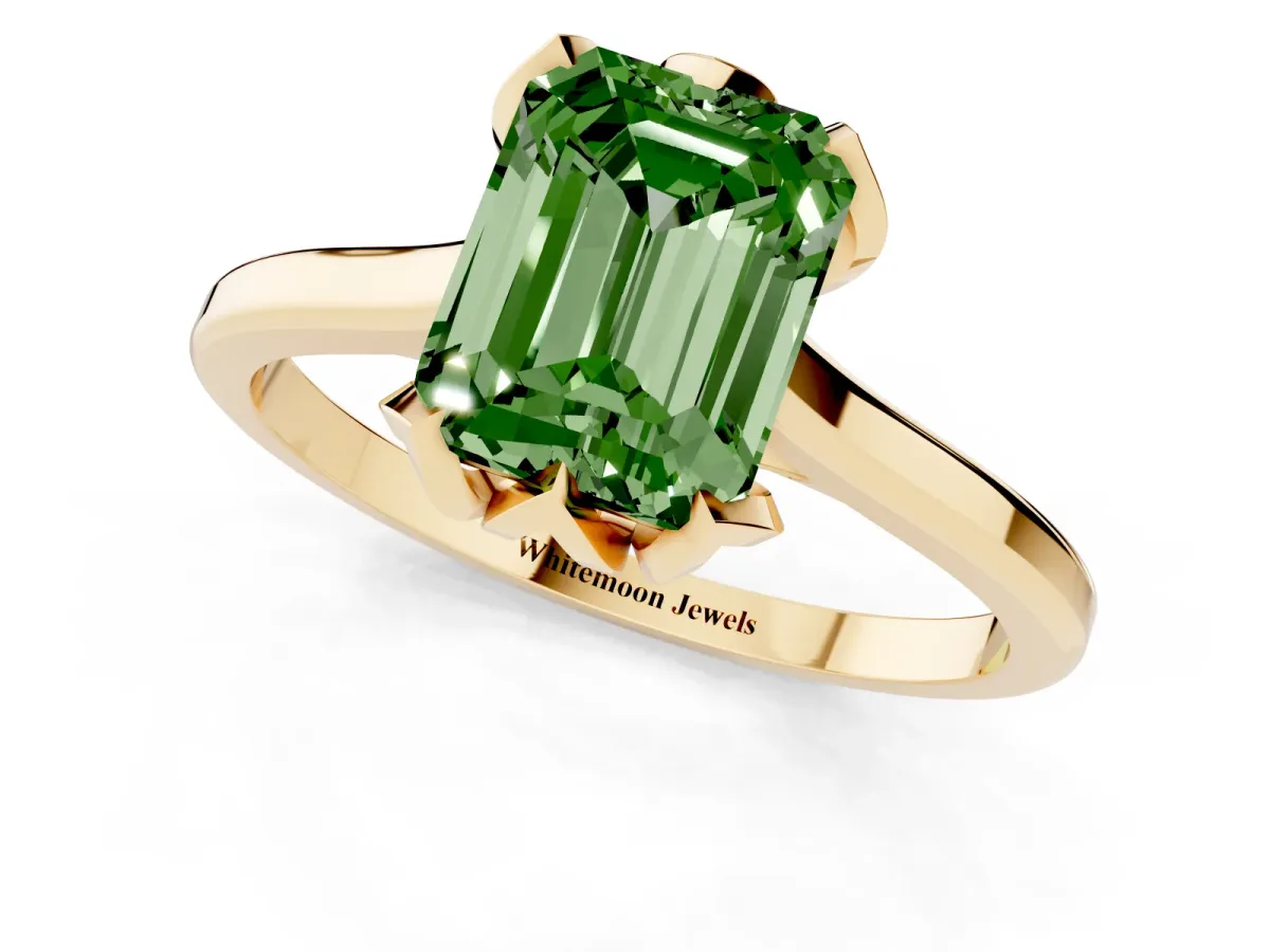 Fancy Green Emerald Cut Diamond Solitaire Ring with Flower Prong Setting and Classic Band Yellow gold