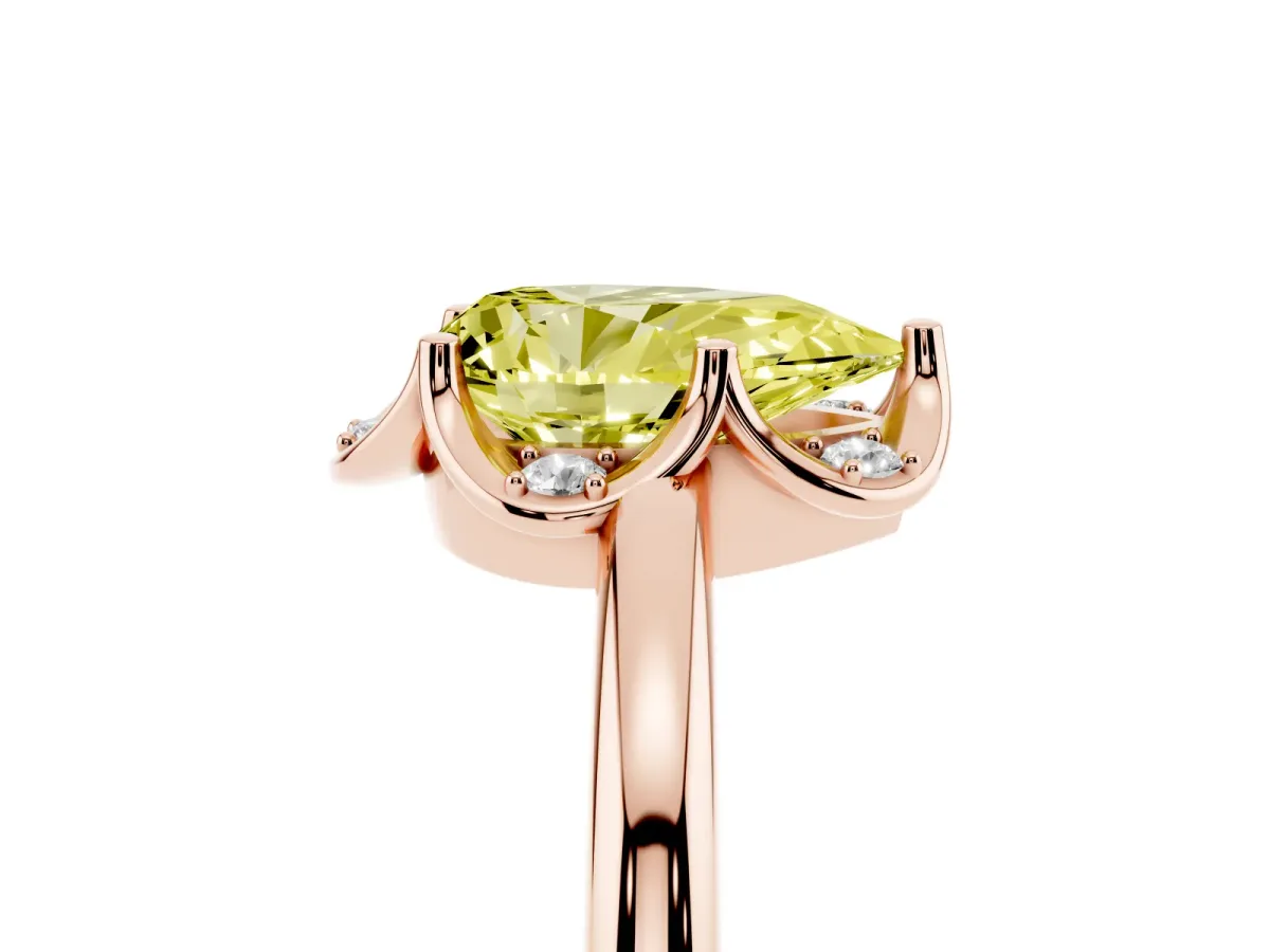 Fancy Yellow Pear Cut Halo Diamond Ring with Round Cluster Setting, Solitaire Band, and Four-Prong Setting Rose gold