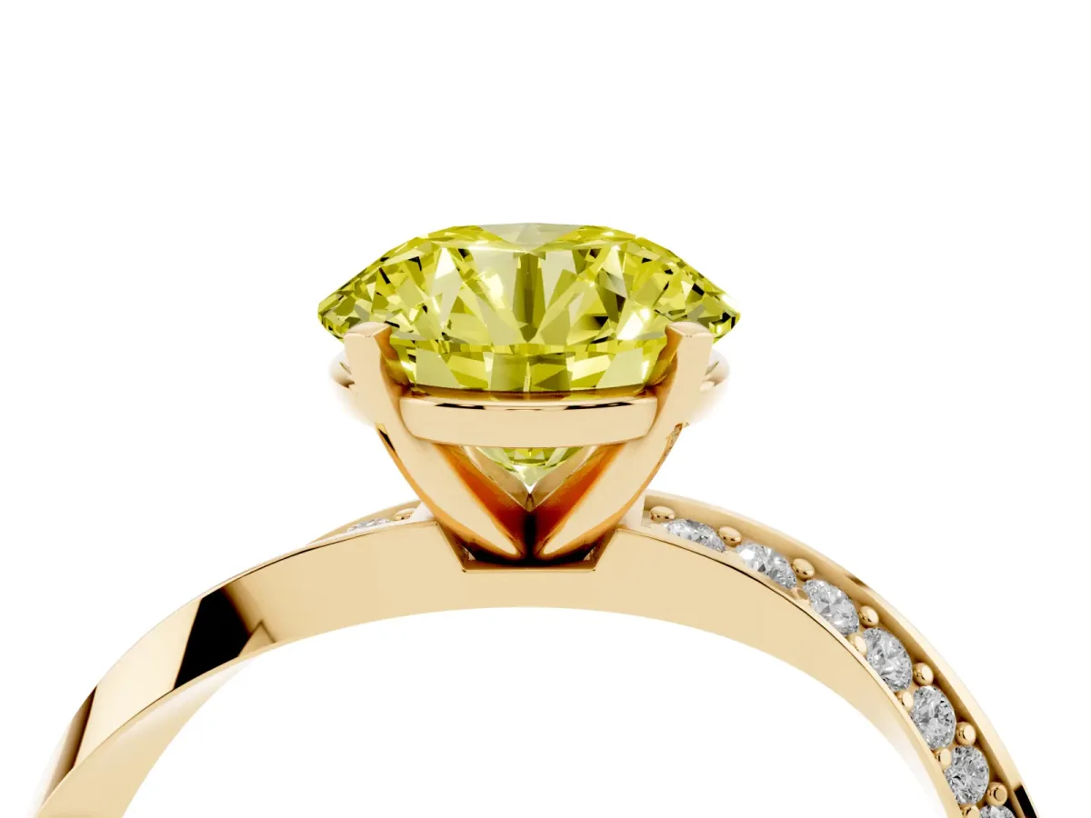Fancy Yellow Round Cut Diamond Engagement Ring with Side Stone Accents and Four-Prong Setting Yellow gold