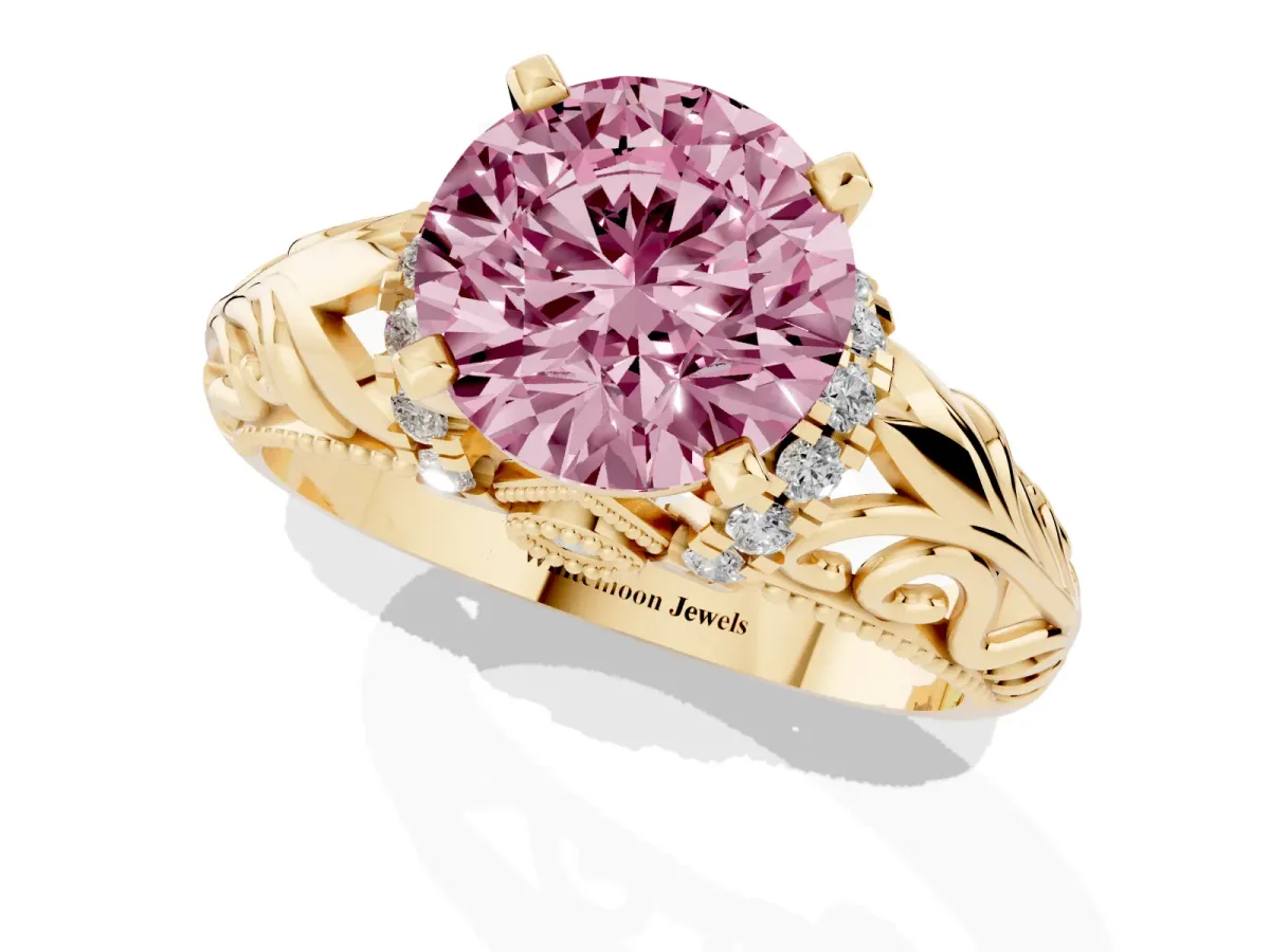 Fancy Pink Round Cut Solitaire Filigree Engagement Ring with Halo and Prong Setting Yellow gold