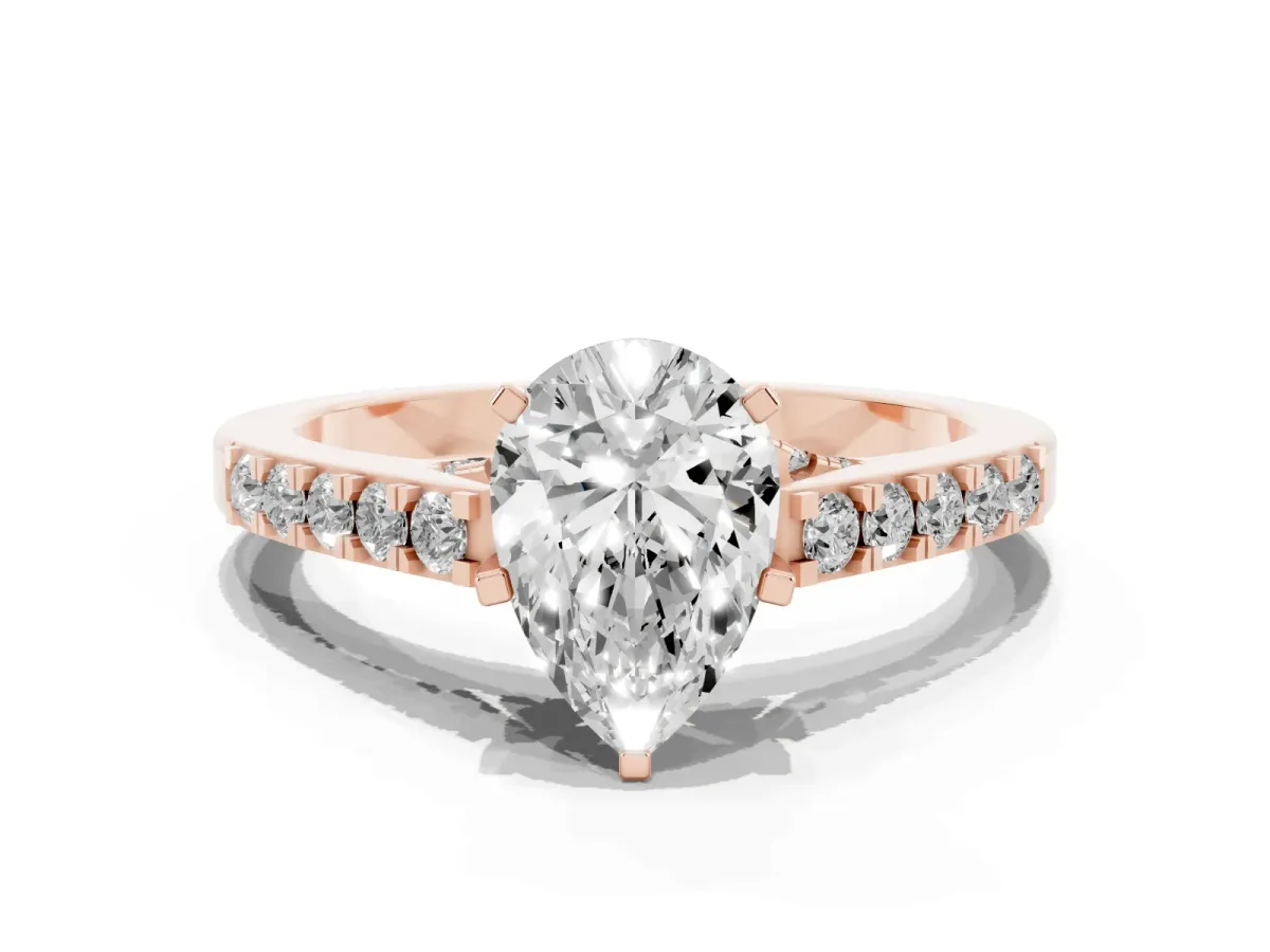Pear Cut Diamond Solitaire Ring with Crossover Gallery and Round Pavé Band Rose gold