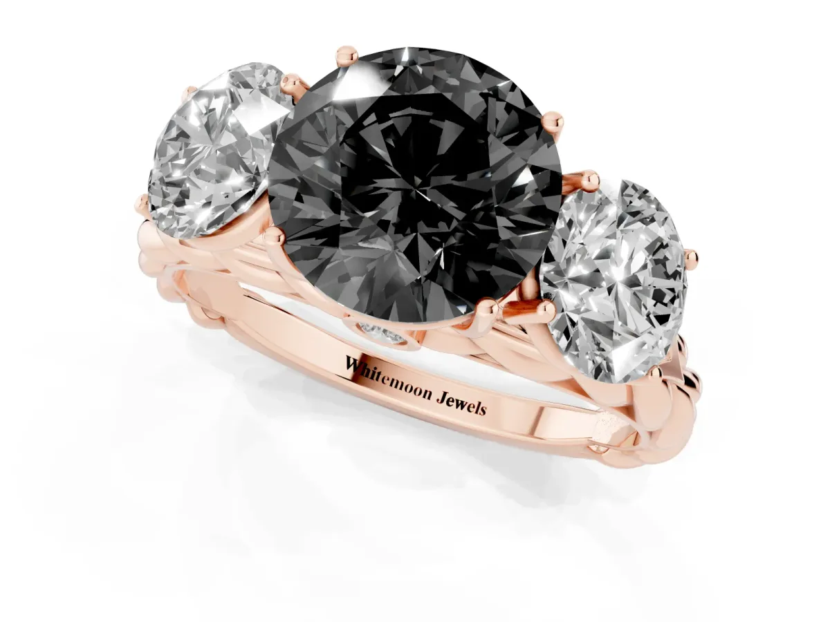 Fancy Black Three-Stone Round Cut Diamond Braided Band Ring with Four-Prong Setting Rose gold