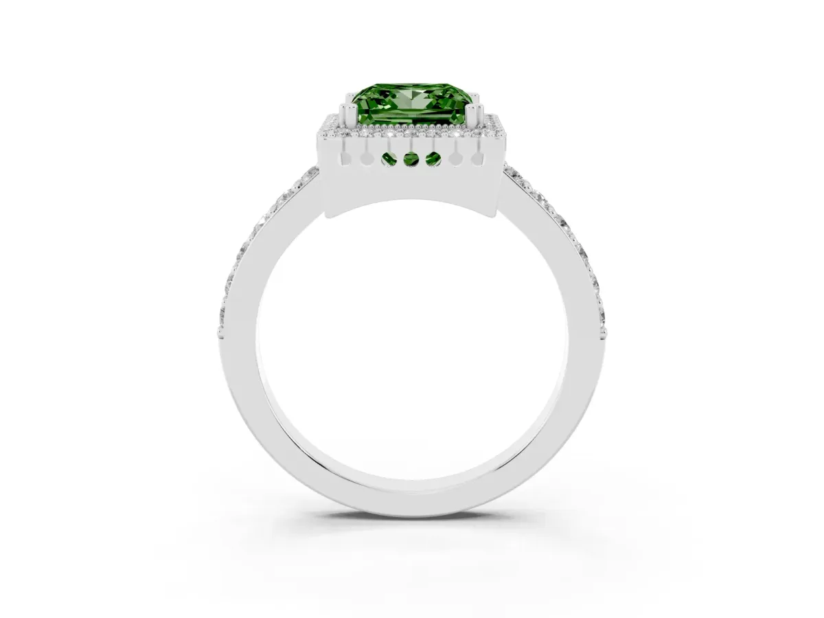 Fancy Green Princess Cut Cut Diamond Halo Engagement Ring with Milgrain Detail and Pavé Band Platinum
