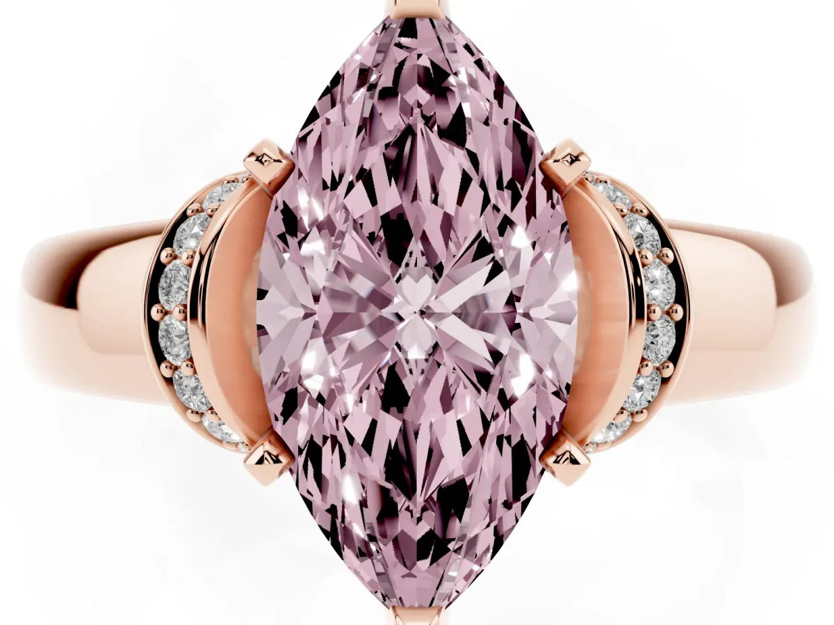 Fancy Pink Marquise Cut Solitaire Diamond Ring with Pave Band and Six-Prong Setting Rose gold