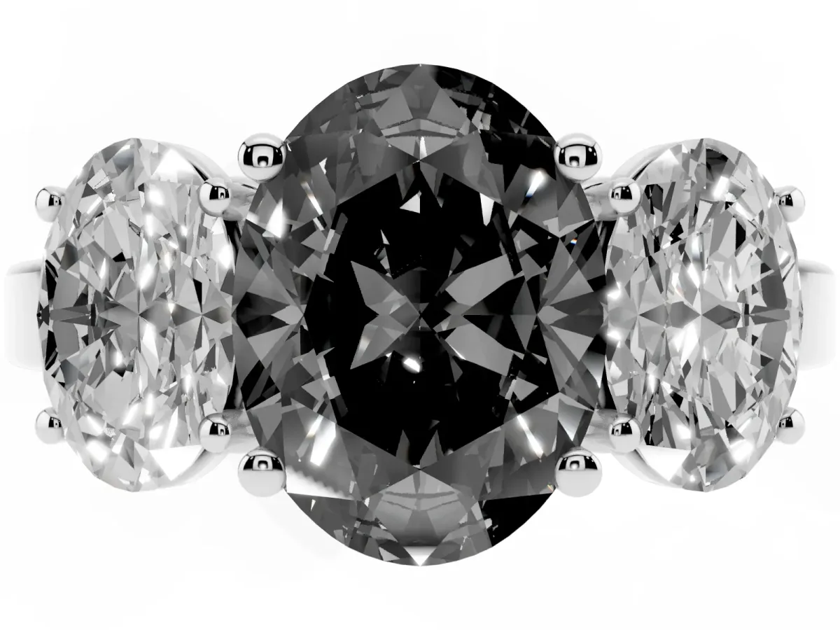 Fancy Black Three-Stone Oval Cut Cut Diamond Engagement Ring with Flat Band and Four-Prong Setting Silver