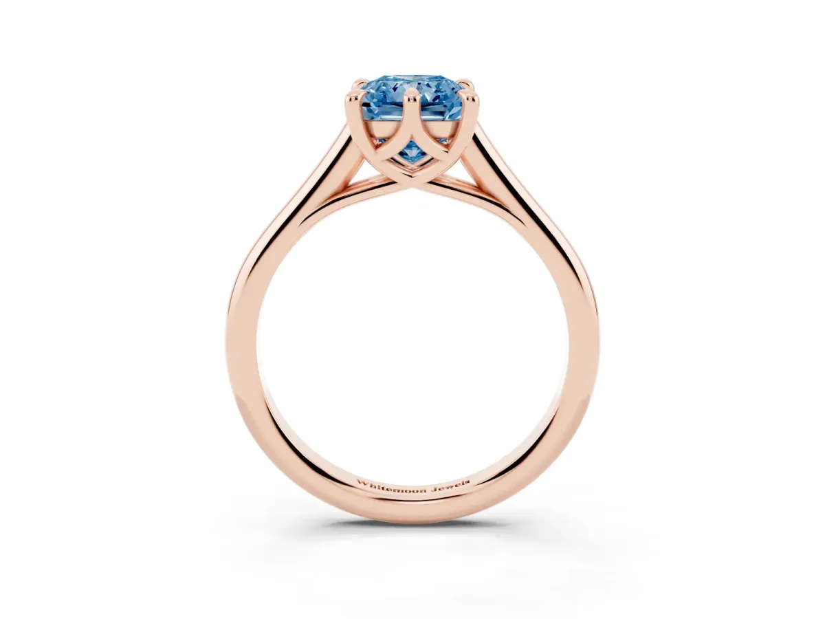 Fancy Blue Radiant Cut Solitaire Engagement Ring with Six-Prong Setting and Classic Band Rose gold