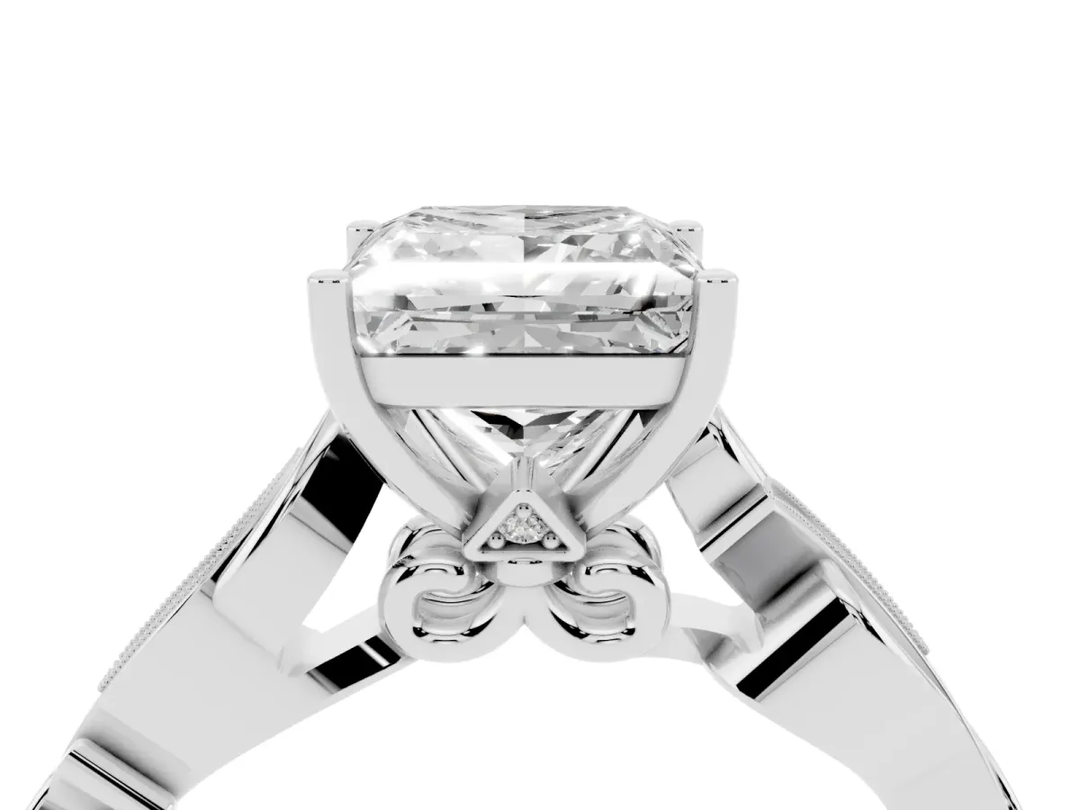 Princess Cut Solitaire Vine Band with Milgrain Prong Setting Platinum