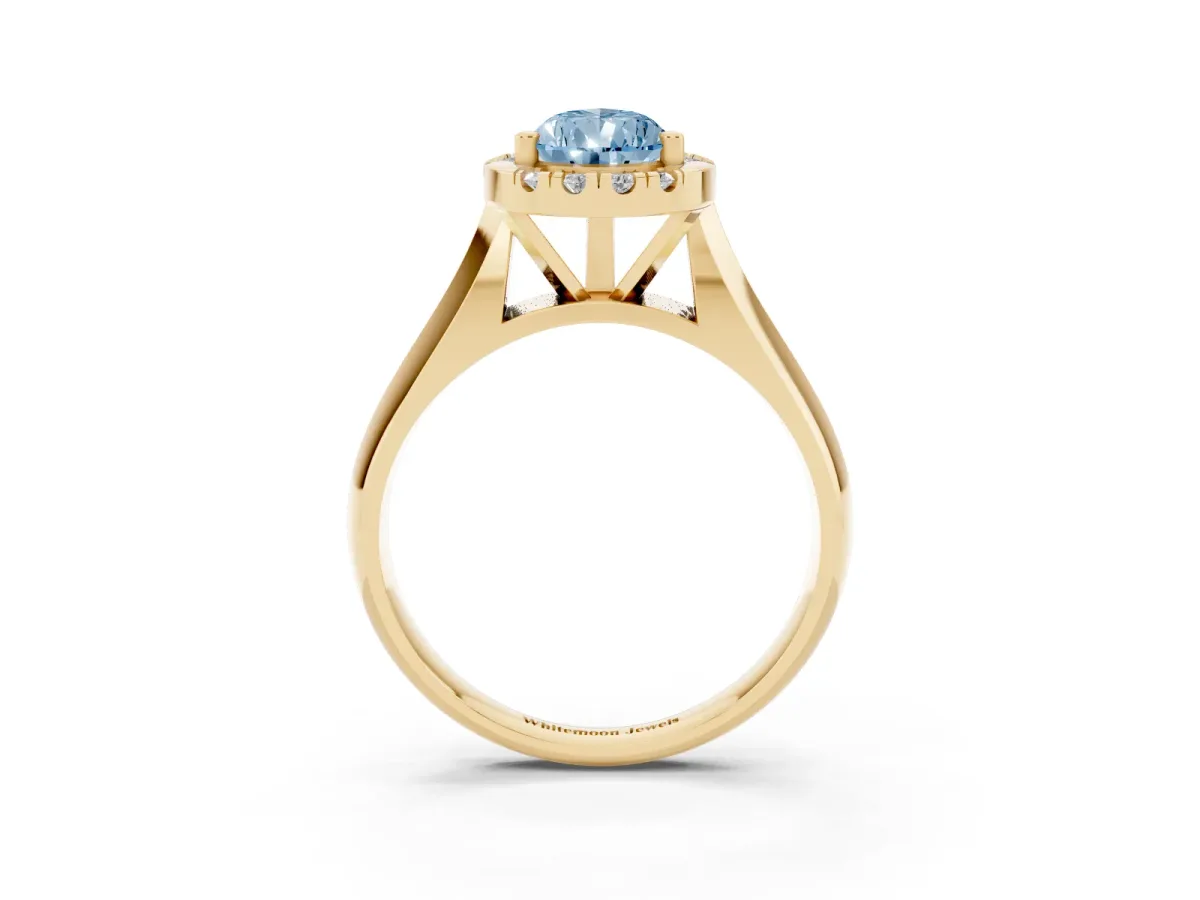 Fancy Blue Pear Cut Cut Halo Solitaire Engagement Ring with Square Band and Four-Prong Setting Yellow gold
