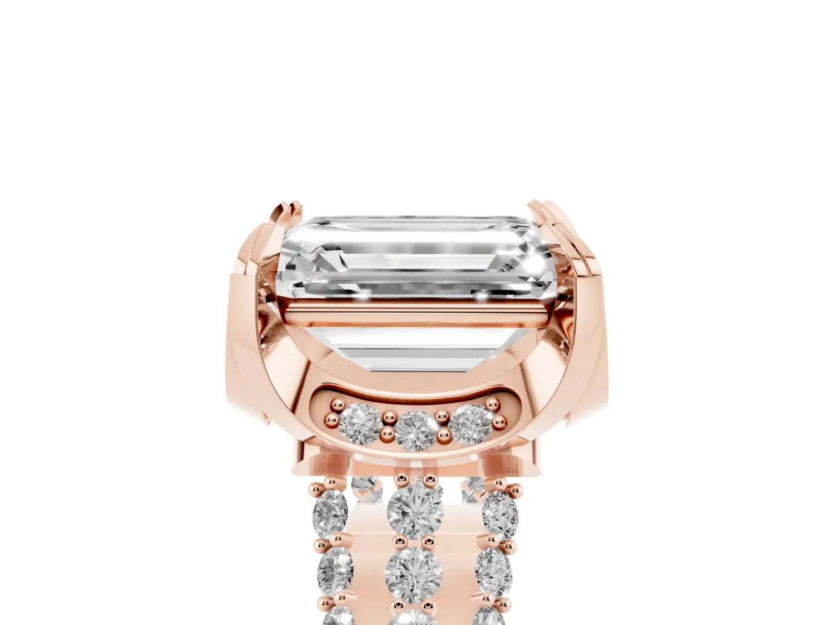 Emerald Cut Solitaire Pave Split Shank Ring with Four-Prong Setting Rose gold