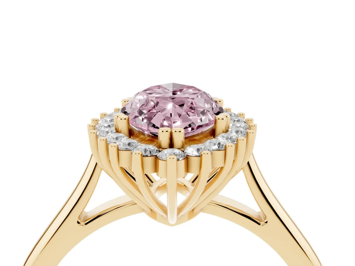 Fancy Pink Marquise Cut Cut Diamond Halo Ring with Solitaire Band and Prong Setting Yellow gold