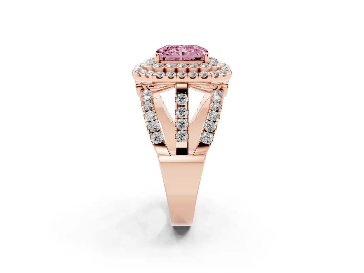 Fancy Pink Radiant Cut Diamond Double Halo Ring with Round Pavé Split Shank and Prong Setting Rose gold