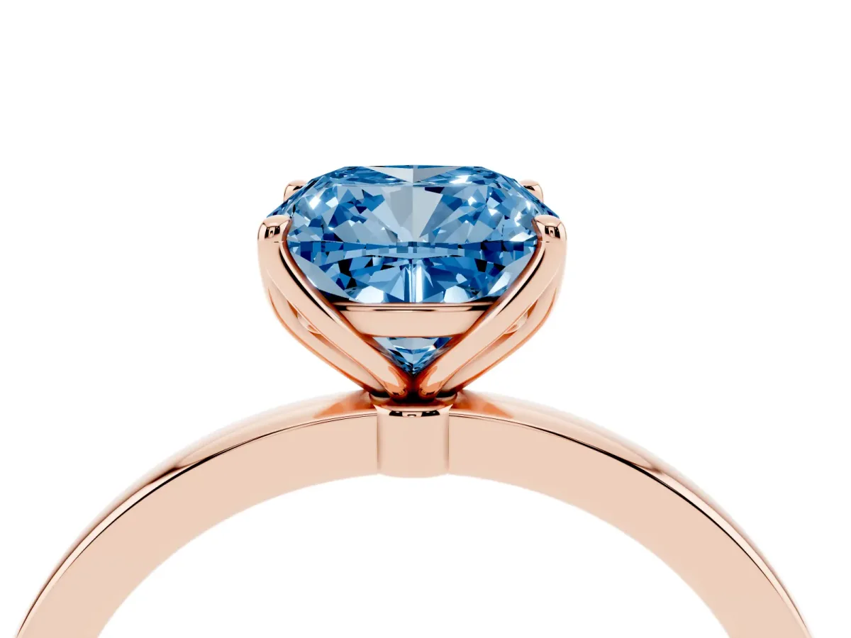 Fancy Blue Cushion Cut Diamond Solitaire Ring with Thin Band and Prong Setting Rose gold
