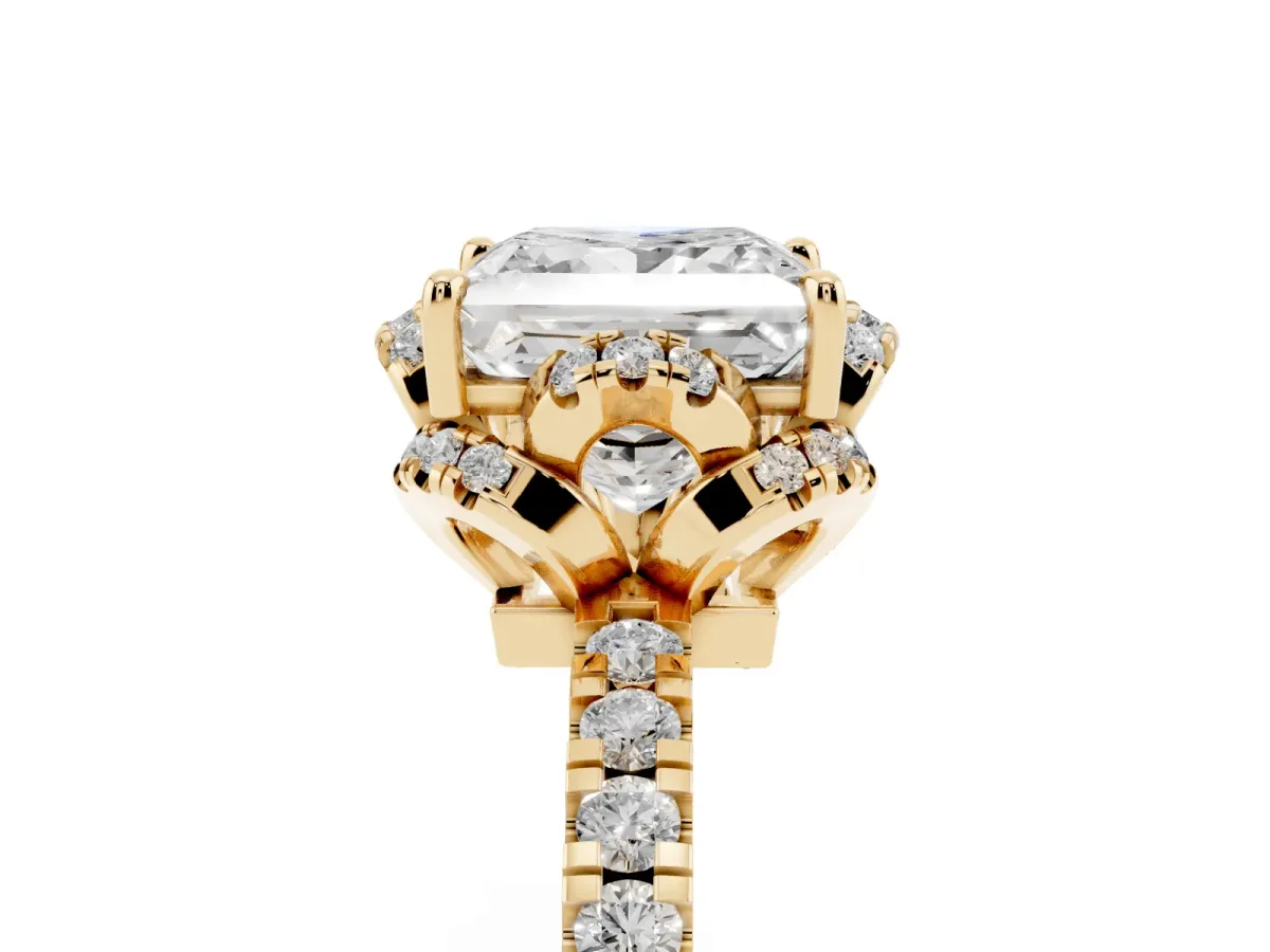 Princess Cut Halo Diamond Pave Band Ring with Four-Prong Setting Yellow gold