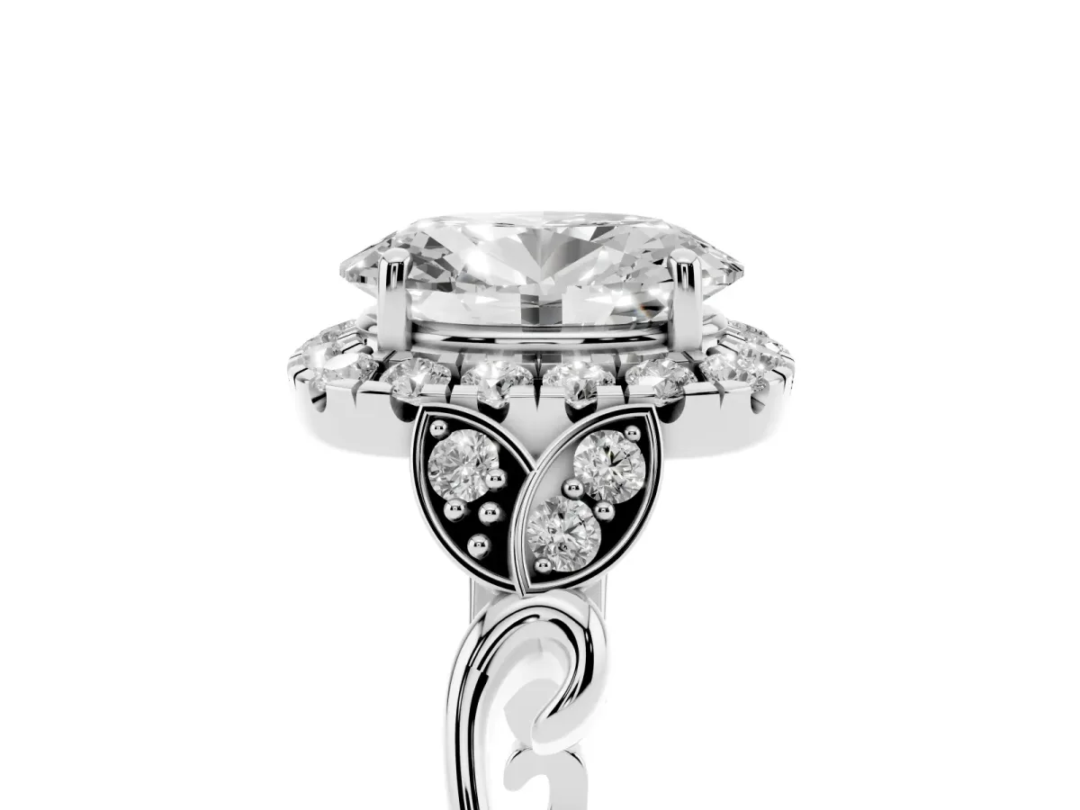 Oval Cut Halo Diamond Engagement Ring with Vintage-Inspired Band and Four-Prong Setting Platinum